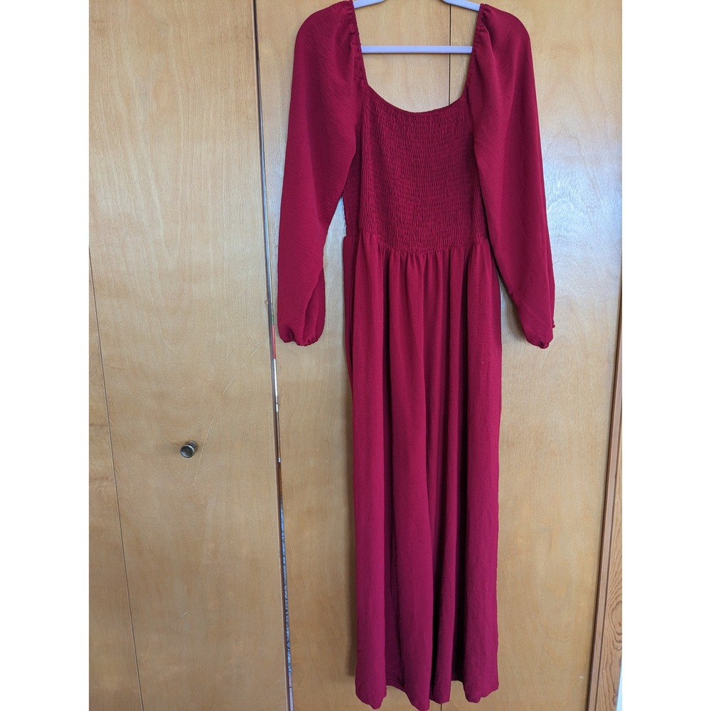Dokotoo Womens‎ Smocked Square Neck Long Sleeve Wide Leg Jumpsuit Wine Red L